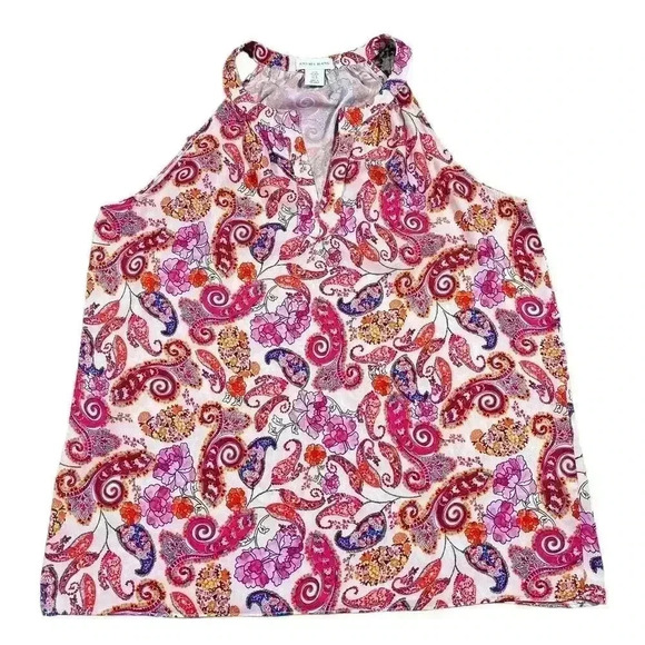 ANTIBES BLANC Tops - ANTIBES BLANC Women’s Pink Paisley Split-Neck Sleevelless Top SIZE-MEDIUM